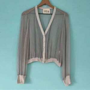 illia Silk Sheer Leather Trim Vintage V-Neck Button Front Cardigan 8 USA Grey